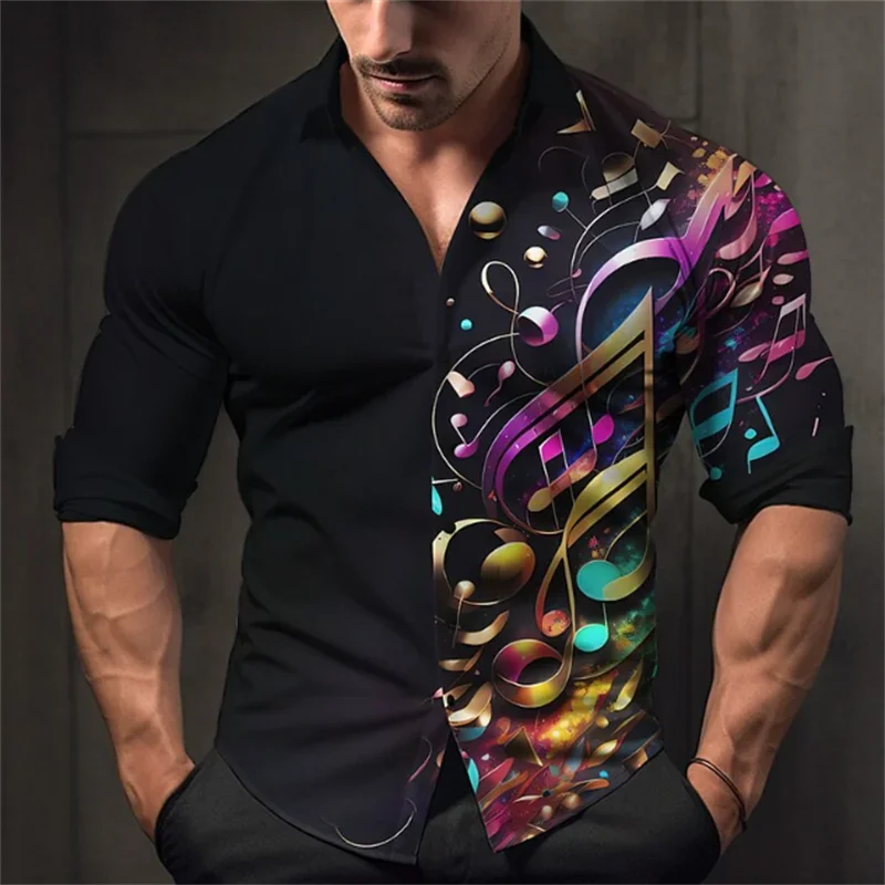 2024 New Men's Shirt Music Note 3D Printing Lapel Button Long Sleeve Shirt Prom Party Clothing Fashion Dress Designer Casual 6XL