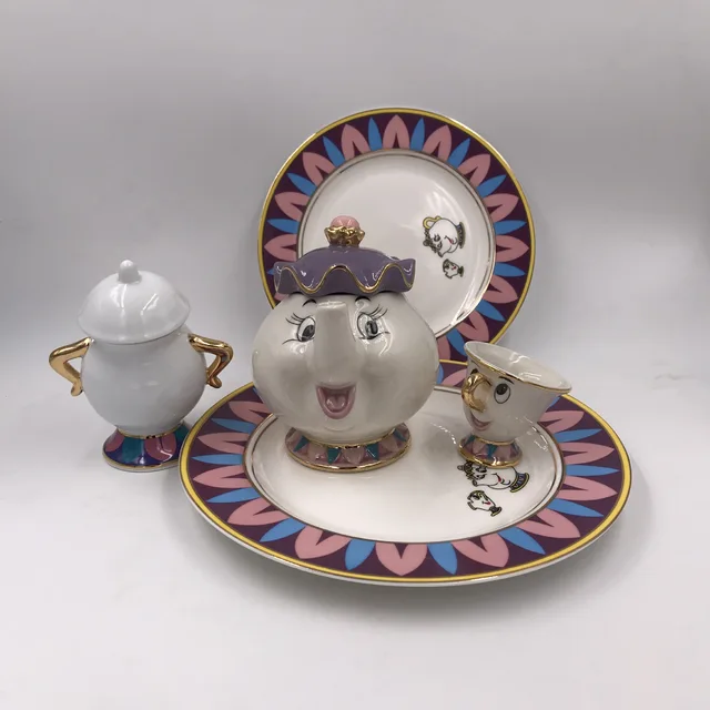 Rajzfilm Szépség És A Beast Teapot Bögre Mrs. Potts Chip Tea Pot Cup Cogsworth Porcelain Ajándék 18K Aranyozott Festett Zománc - Image 2