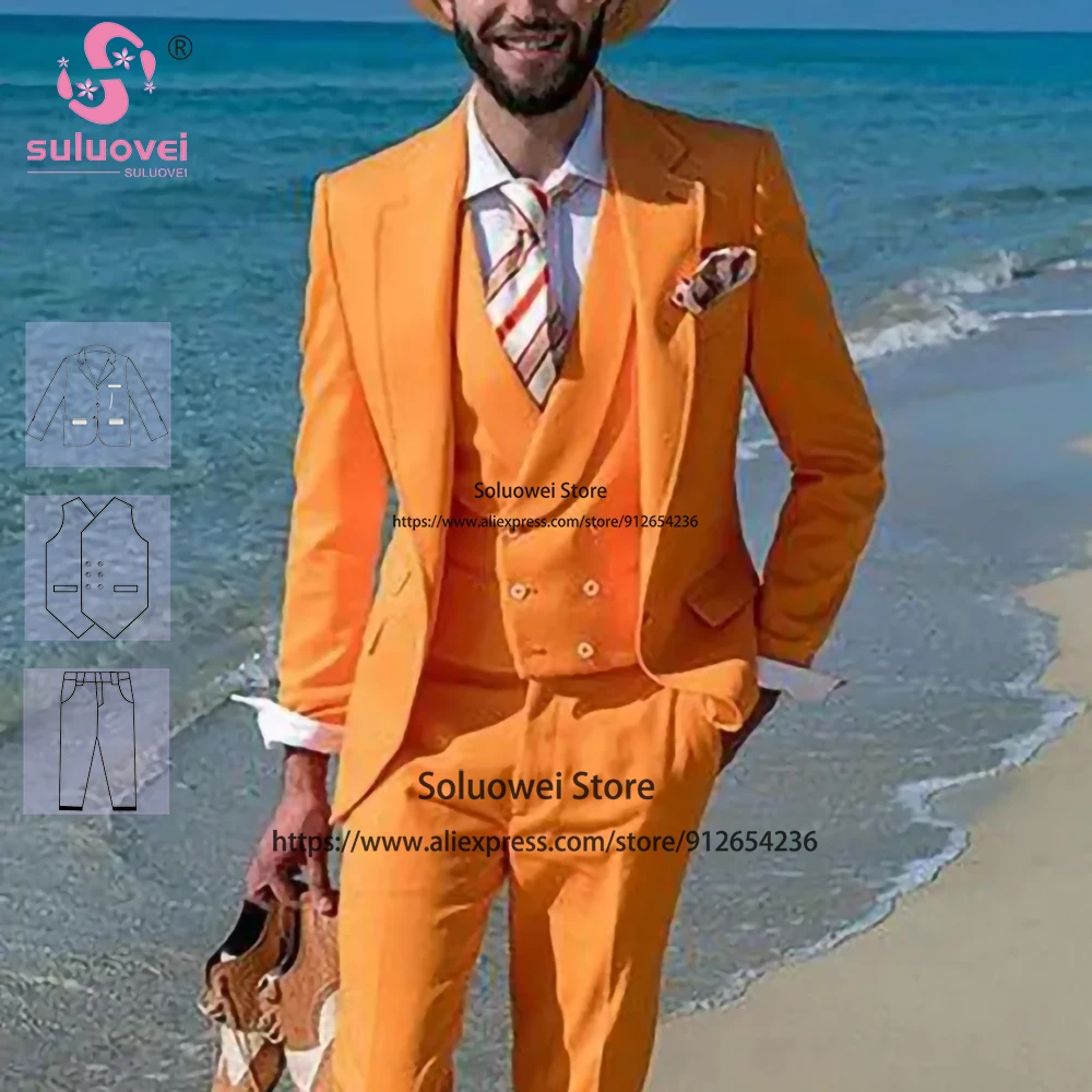 

Fashion Orange Wedding Groom Suits For Men Slim Fit 3 Piece Pants Set Formal Party Notch Lapel Tuxedo Custome Homme pour Mariage