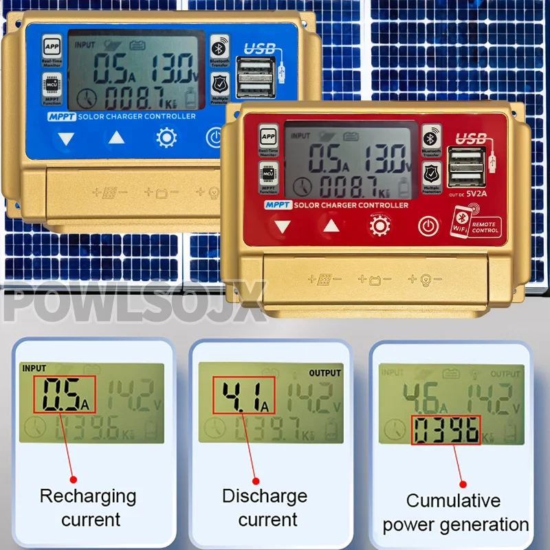 Solar Controller with Bluetooth/WiFi, HD LCD, Dual USB, Metal Heat Dissipation,