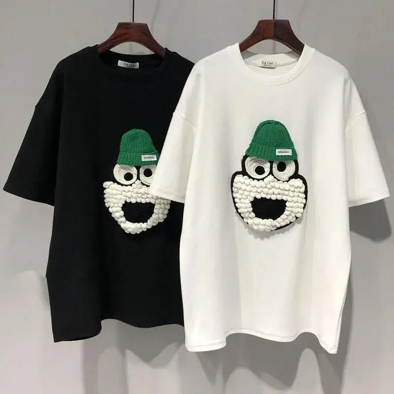 

100% Cotton Embroidered Short Sleeve T-Shirt Women's Spring/Summer Versatile Large US T-Shirt