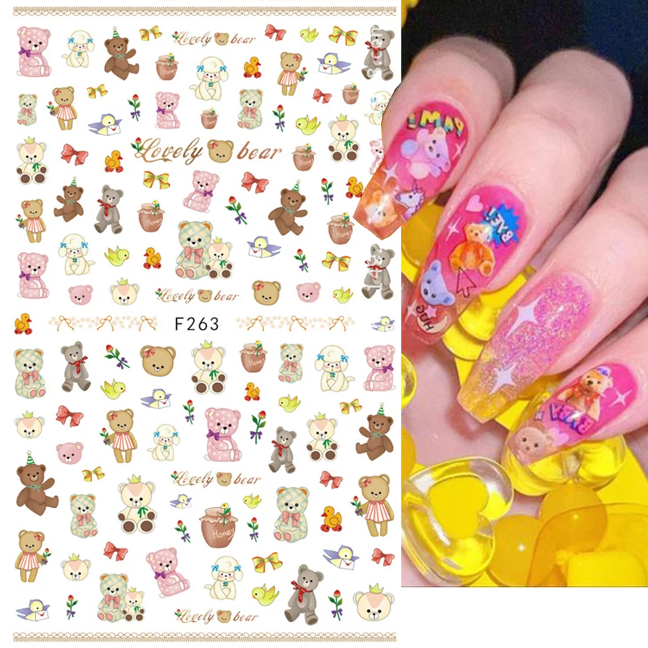 3D Kawaii Teddy Bear Nail Art Sticker Cartoon Self-adhesive Decal Cute Fantasy Design Sliders Manicure Decoration Accessories 4