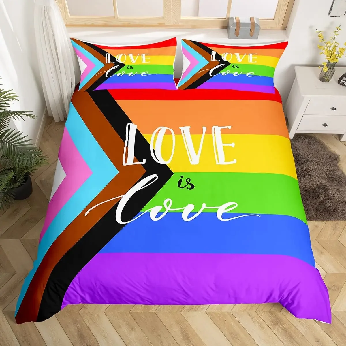 Rainbow Duvet Cover Set, Colorful Abstract Geometric Pattern with Shapes Rainbow, Decorative Bedding Set