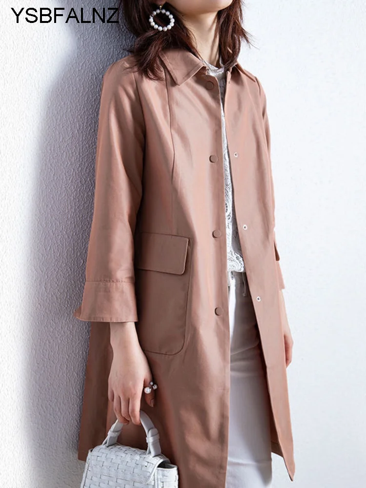 

2023 Spring Autumn Mid-length Trench Coat England Three Quarter Sleeves Womens Windbreaker Thin Korean Fashion Style Clothes