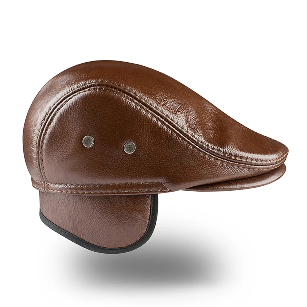 Beret Hat Men's outdoor leather hat winter Berets male warm Ear protection cap genuine leather dad hat Leisure bone