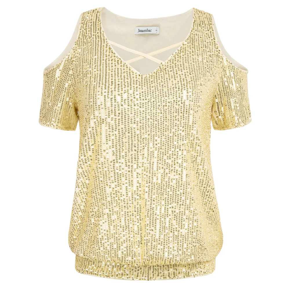 

Jasambac Women Cold Shoulder Sequined Tops Short Sleeve V-Neck Party Blouse Sparkle Cocktail Party Tops Elegant Lady Streetwear