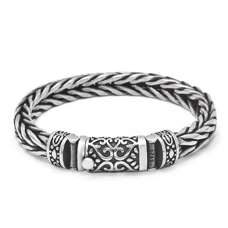 

Arrogant Personality Braided Bracelet Men Vintage S925 Silver Hip Hop Fashion National Style Bangle Birthday Gift For Men