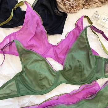 French Ultra Thin Bralette for Women Underwear Top Sexy Deep V Push Up Bra Set Summer Comfort Breathable Lingerie and Panties