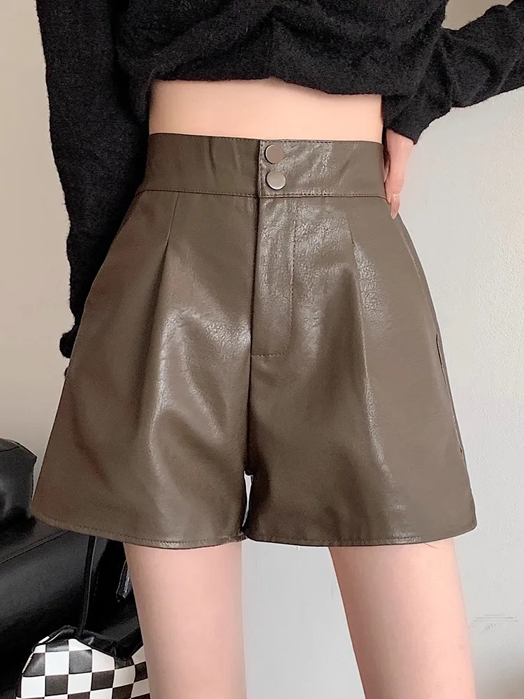 

PU Leather Casual Shorts Women New Arrival 2023 Autumn Korean Style Solid Color Basics High Waist Ladies Short Pants T103