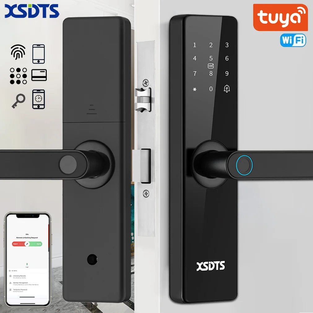XSDTS Electronic Smart Door Lock With Biometric Fingerprint Smart Card Password Key Unlock USB Tuya APP Emergency Charge lock