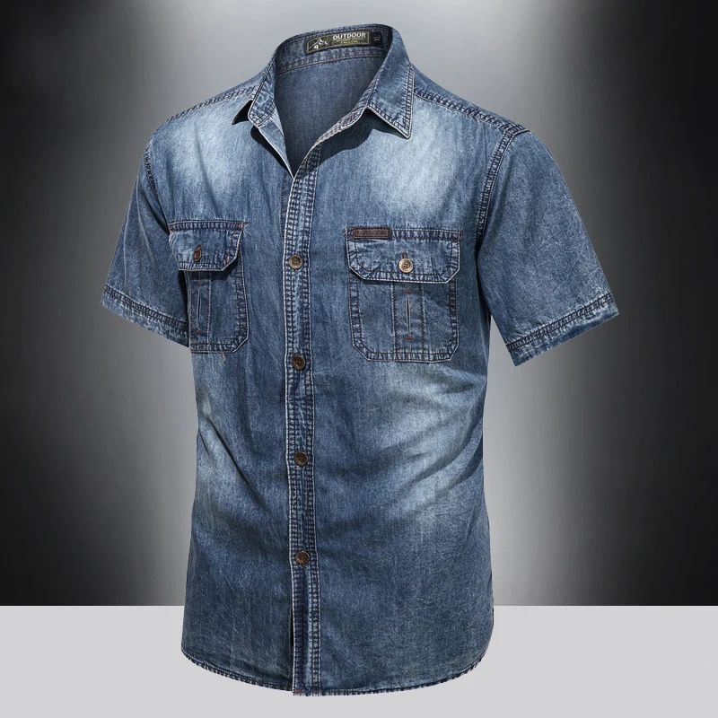 Denim shirt men pure cotton short sleeved American loose fitting workwear ice silk quick drying casual versatile