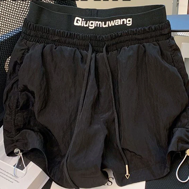 Sports shorts female black summer new thin loose slim drawstring high waist straight casual loose wide-leg pants.