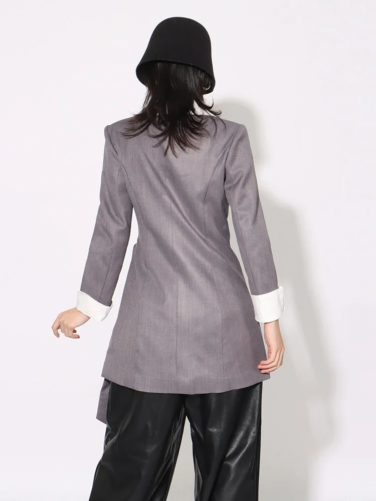 BPN Casual Hit Color Blazers For Women Notched Collar Long Sleeve Patchwork Belts Temperament Blazer Female Fashion Clothing New