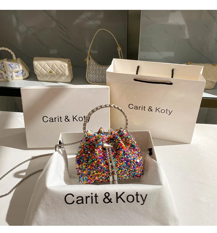 

Luxury Designer Colorful Stones Evening Clutch Bag Wedding Party Bucket Purse Women Metal Handle Handbag Shoulder Messenger Bag