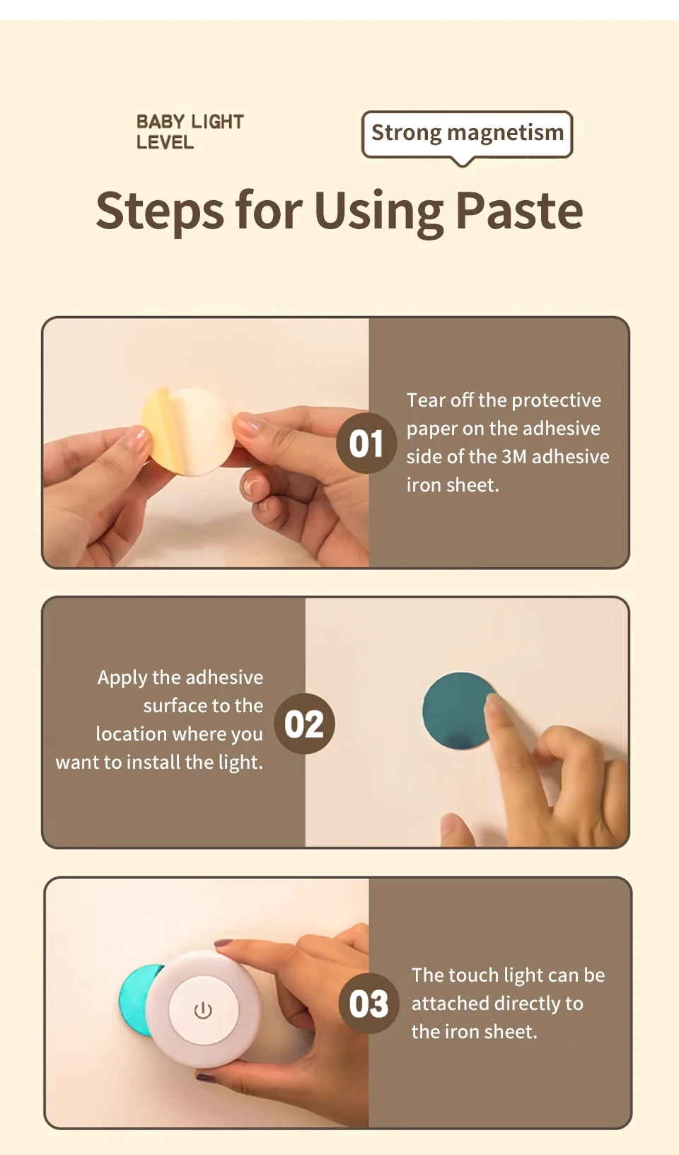 6CM Rechargeable LED Night Light with Touch Switch Magnetic Round Wall Lamp 3 Colors Dimmable Bedroom Cabinet Stairs Night Lamp