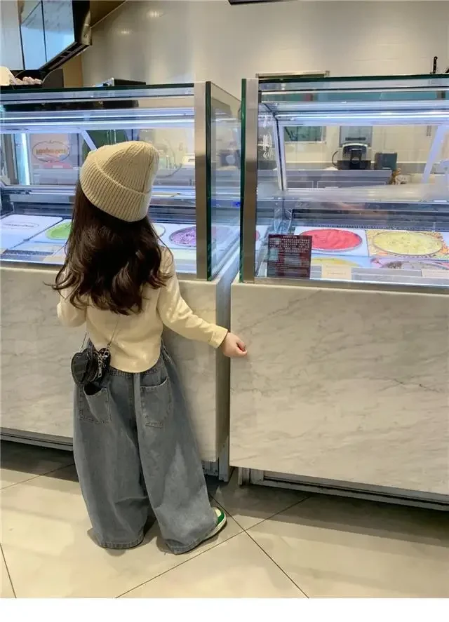 Neue Frühling Herbst Mädchen Anzug Koreanischen Stil Bodenbildung Shirt Top + Casual Jeans Mädchen Breite bein Hosen Loungewear – Detail 3