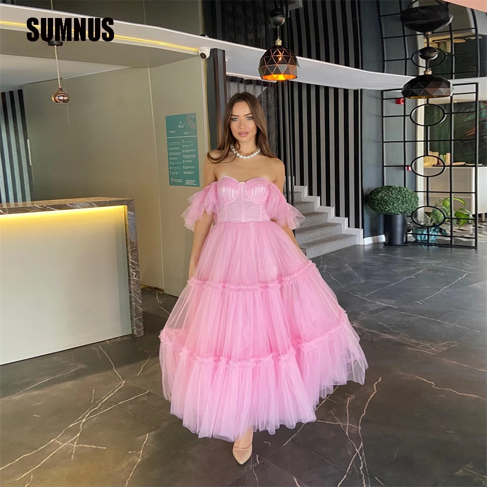 

SUMNUS Pink Tulle A-Line Off the Shoulder Party Dresses Casual Sweetheart Strapless Formal Ankle Length Short Sleeve Prom Gowns