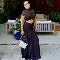New Ruched Irregular Mesh Dress Women Patchwork High Neck Short Sleeve Hollow Out Long Dresses Female Party Maxi Dresses Outfits - Image 3