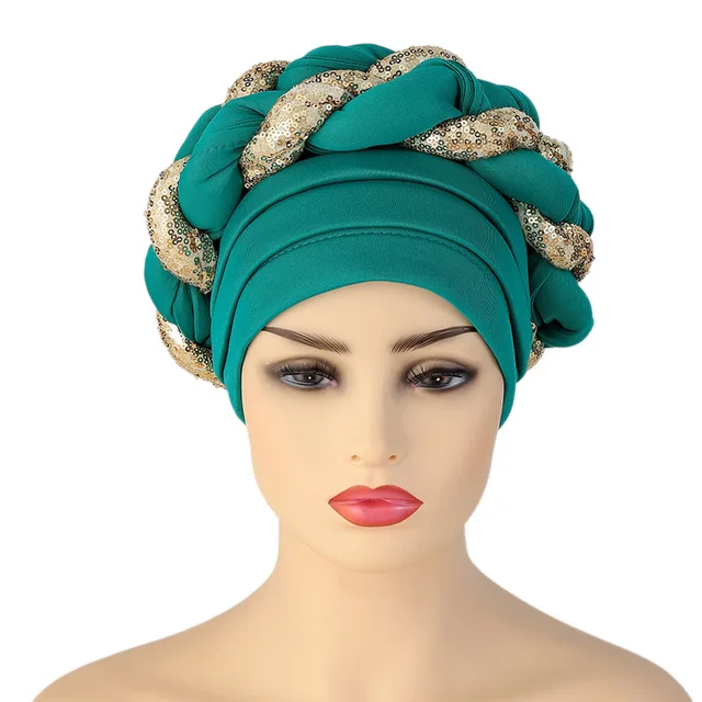Turbans for Women Pleated Beanie Headwrap African Hat Arab Wrap Muslim Scarf Hijabs Hair Aso Oke Auto Gele Readymade to Wear Cap 026
