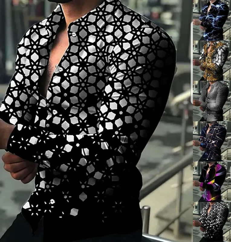 

S-4XL Fashion Men'S Prom Diamond Starry Sky Designer Luxury Cardigan Social Men'S Lapel Button-Up Shirt Casual Spring Autumn