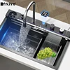 Grey Stainless Steel Waterfall Kitchen Sink Large Single Slot Integrated Digital Display Faucet Set Soap Dispenser Cup Washer 1