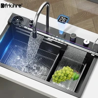 Grey Stainless Steel Waterfall Kitchen Sink Large Single Slot Integrated Digital Display Faucet Set Soap Dispenser Cup Washer 1