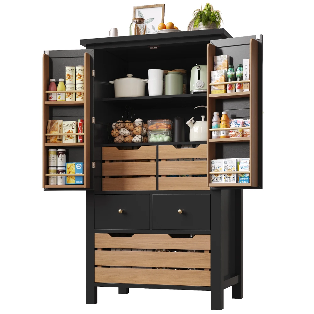 80x40x140cm Küchenschrank, Mehrzweck-Buffet, Snack-Schrank, Aufbewahrungsmöbel mit zwei Türen und fünf Schubladen, Schwarz/Weiß – Detail 34