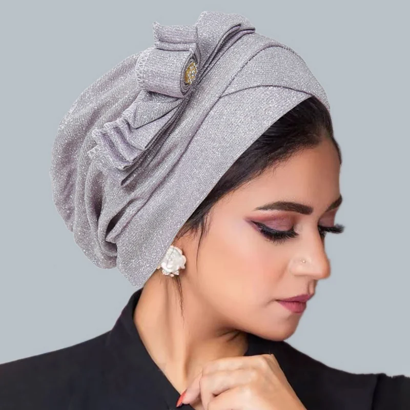KepaHoo Beautiful Women Shiny Bowknot Beanies Muslin Ruffled Turban Hijab Headscarf Wrap Hair Cover Bonnet Cap Hat Headwear 4