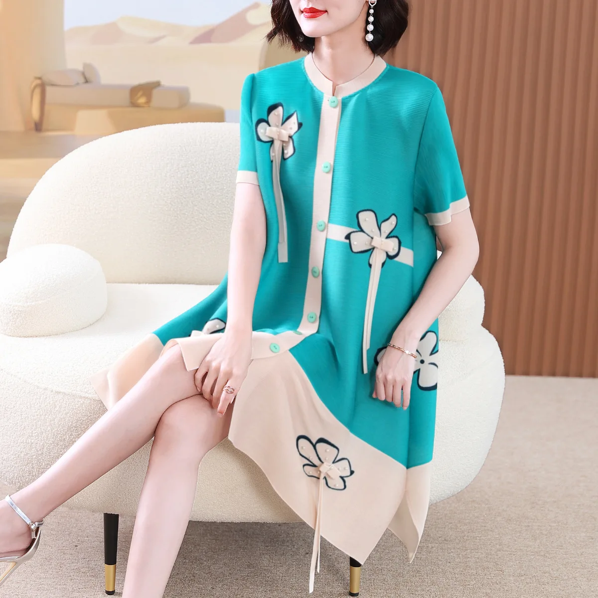

Miyake High-End Exquisite Pleated Dress Middle-Aged Mom Summer Clothes Noble Lady Younger Fashion Loose Large Size Shirt Dress