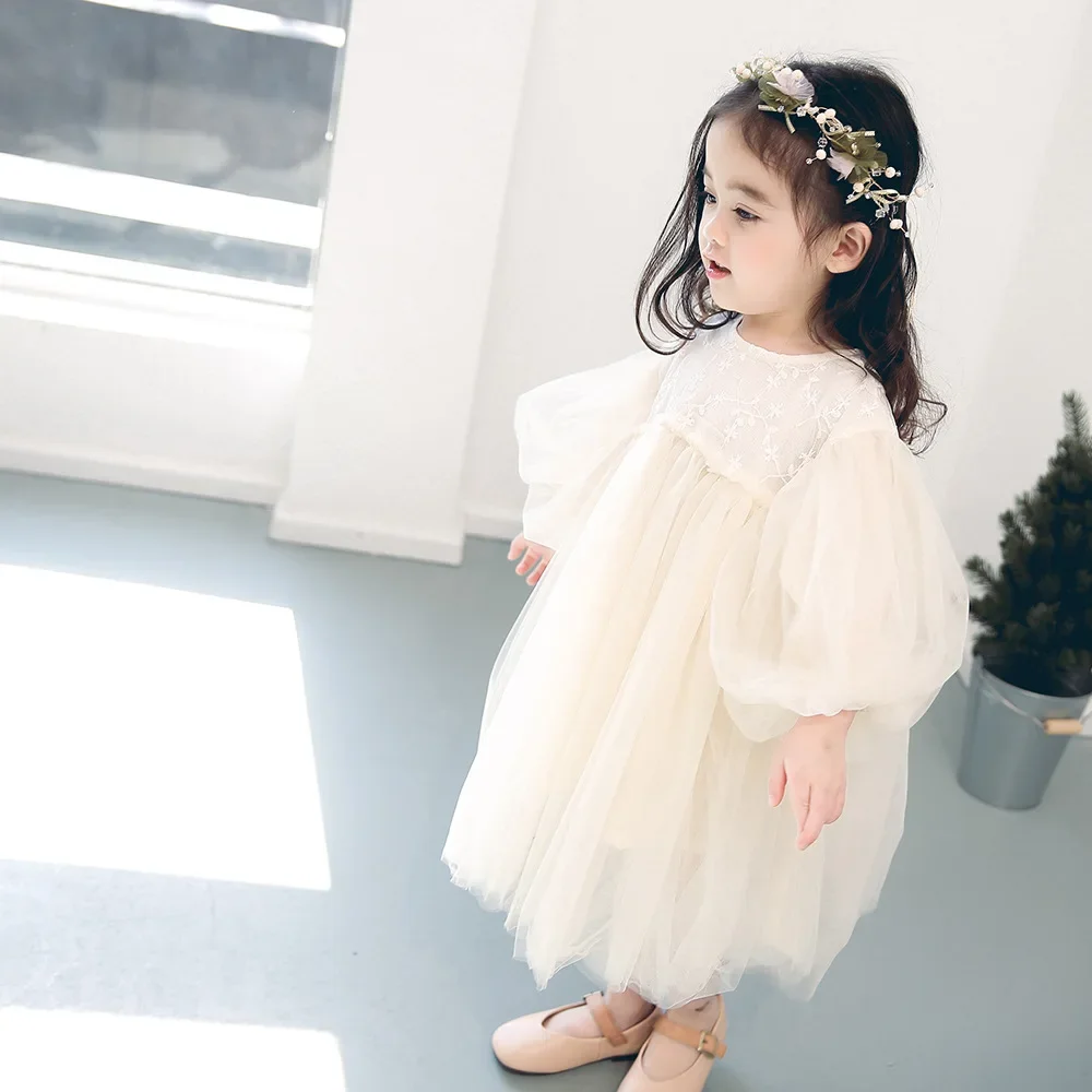New Baby Dresses Autumn Children's Dresses Girls'dresses With Flowers Yarn Tulle Puffy Sleeve Jasmine Princess Party 1001-1 girls dress princess costume