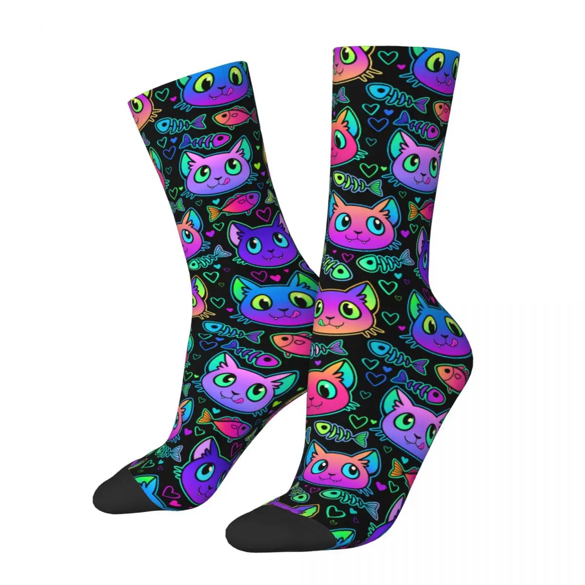 

Harajuku Men's Socks Cute Neon Cat And Fish Accessories Comfortable High Quality Socks All Season