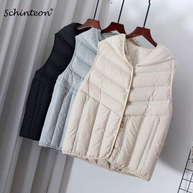 Schinteon Women Ultra Light White Duck Down Sleeveless Vest With Hood