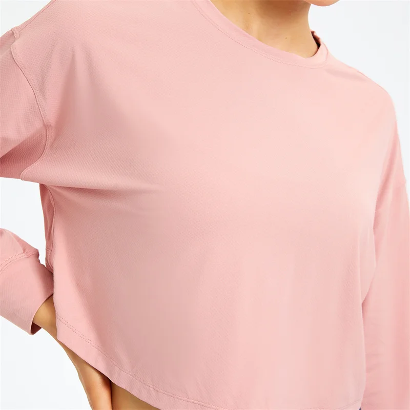 Workout Shirts Long Sleeve Crop Top Cropped Sweatshirt Round Neck Sports Gym Yoga Tshirt