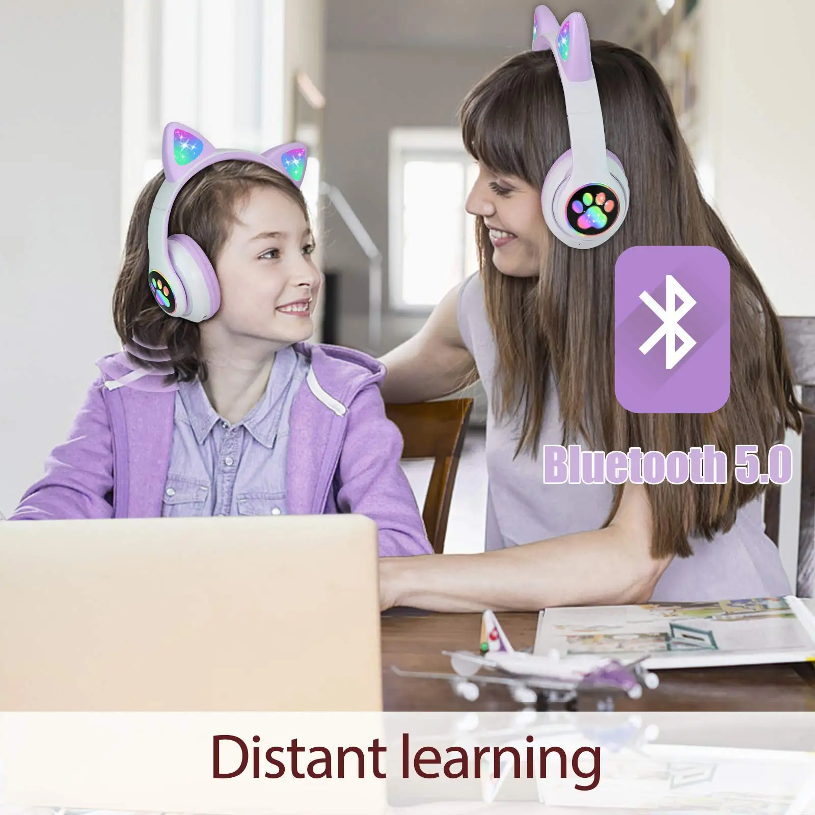 Cute Cat Headphones Bluetooth 5.0 Kids Wireless Headset Mic Led Light Headphones Ipad Laptop Girl Birthday Gift