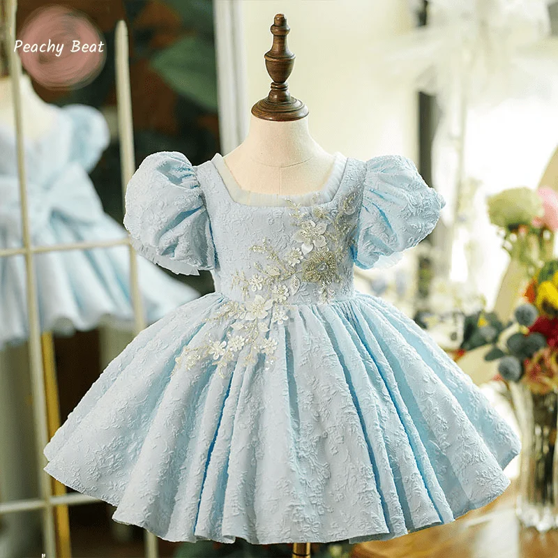 

Baby Girl Princess Tutu Dress Flower Lace Short Puff Sleeve Toddler Child Vintage Big Bow Vestido Party Pageant Clothes1-14Y