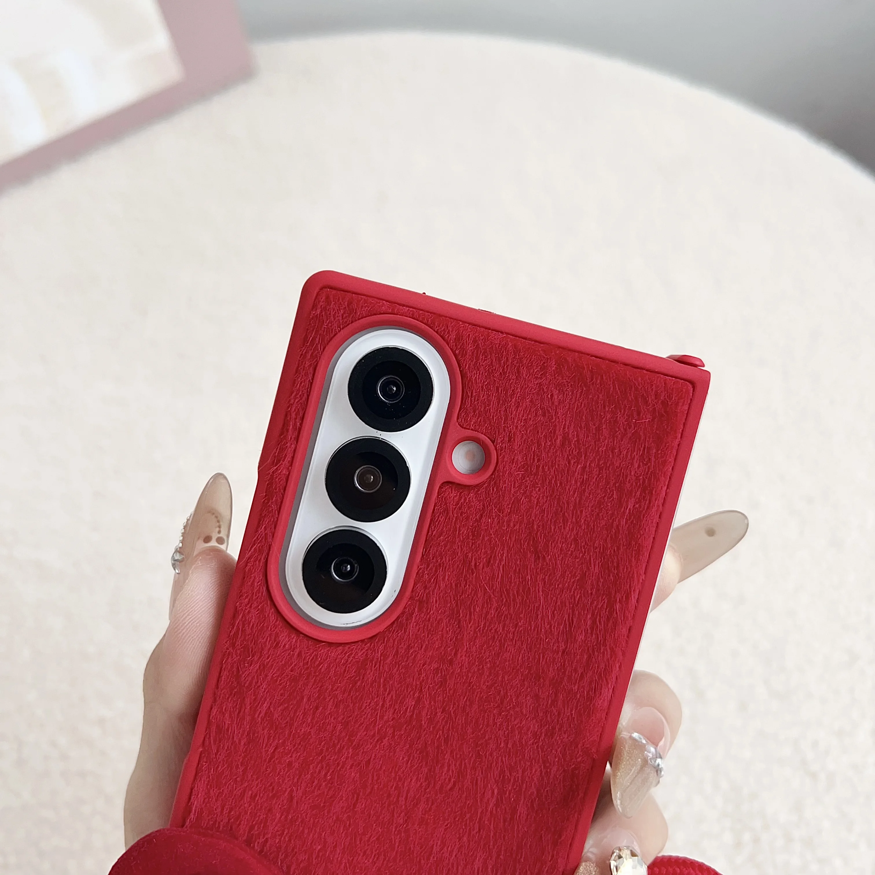 Plush Heart Pendant Fold Phone Case with 3D Bow and Rope Strap