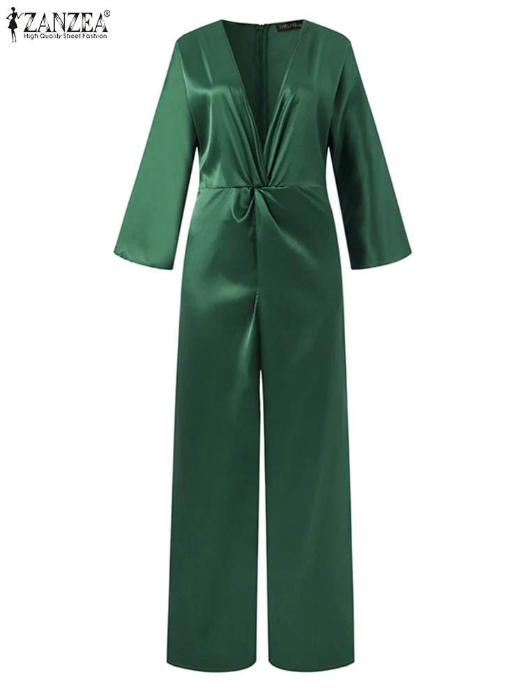 ZANZEA 2023 Fashion Knot Front Satin Jumpsuits Women Streetwear Sexy V-neck 3/4 Sleeve Long Romper Classy Wide Leg Pant Overalls