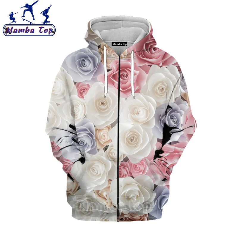

Mamba Top Flower Rose Zip Hoodies Men's Clothing Women Long Sleeve Succulent Hooded Shirt Coat 3D Print Hyacinth Graphics Jacket