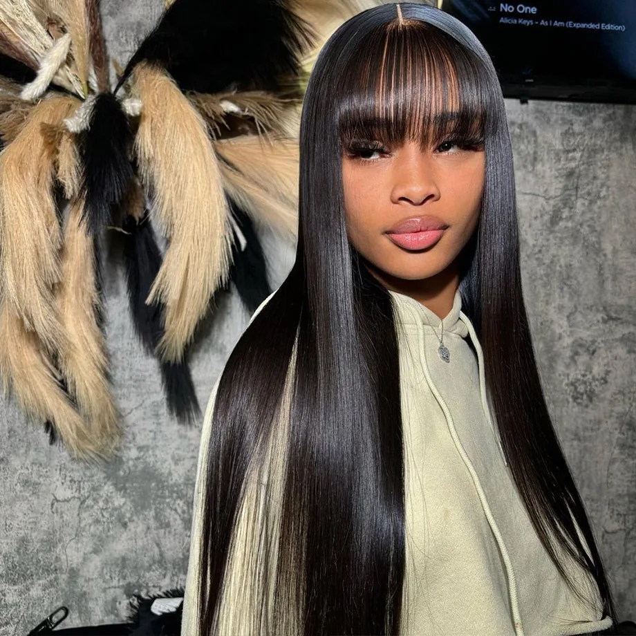 Straight Human Hair Wig With Bangs 3x1 Brazilian Fringe Full Machine Made Wig Straight Wig With Bangs Wear And Go Glueless Wig