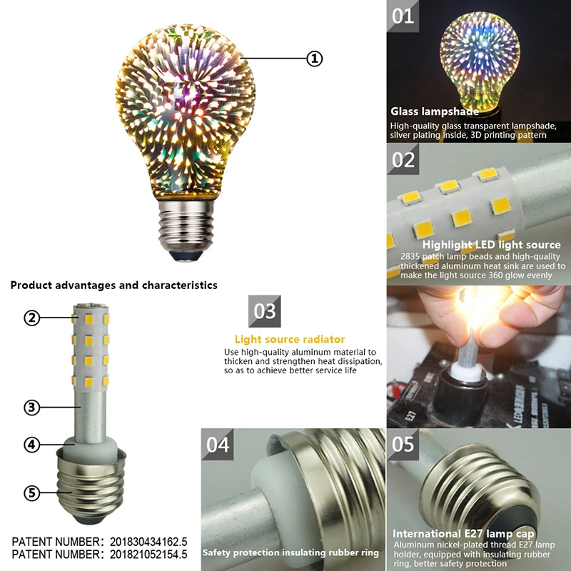 3D 장식 LED E27 빈티지 에디슨 전구, 스타 불꽃 놀이 램프, 휴일 밤 조명, 크리스마스 트리 장식, 4.5W 85-265V, 1PC