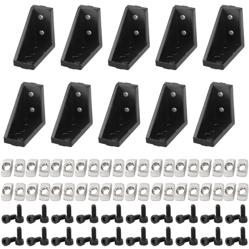 2020 2040 Series Aluminum Profile Connector Set 10pcs Corner Bracket + 40pcs M4 T-Slot Nuts + 40pc M4x10mm Hex Socket Screw Bolt