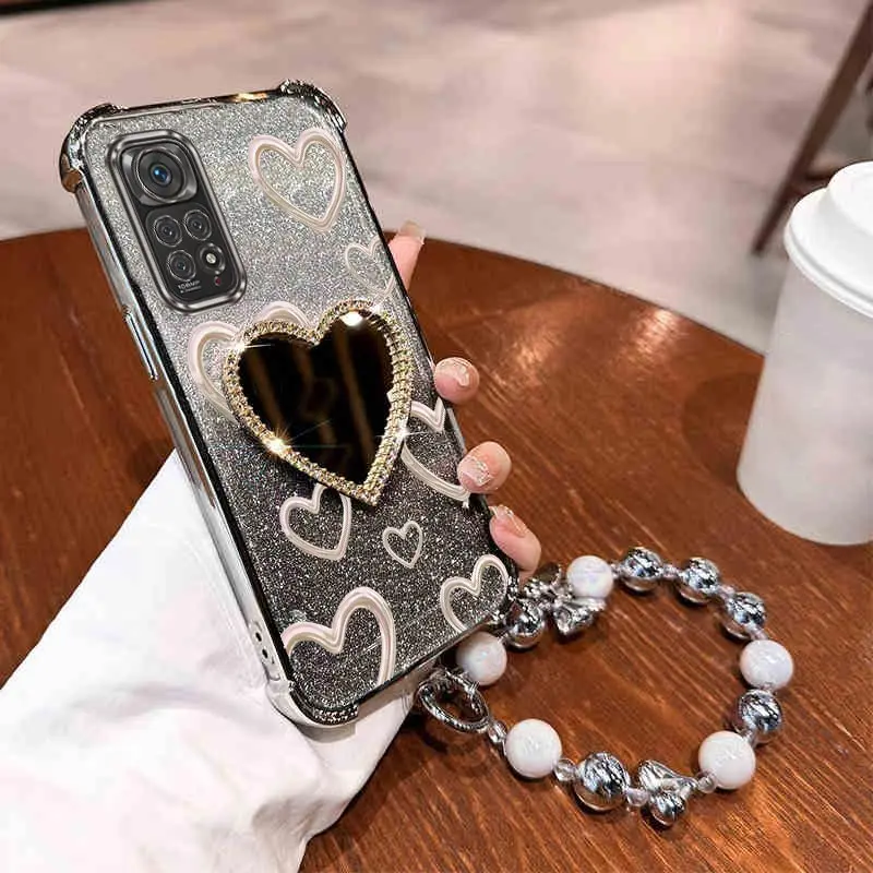 Airbag Strap Glitter Love Heart Mirror Phone Case Cover