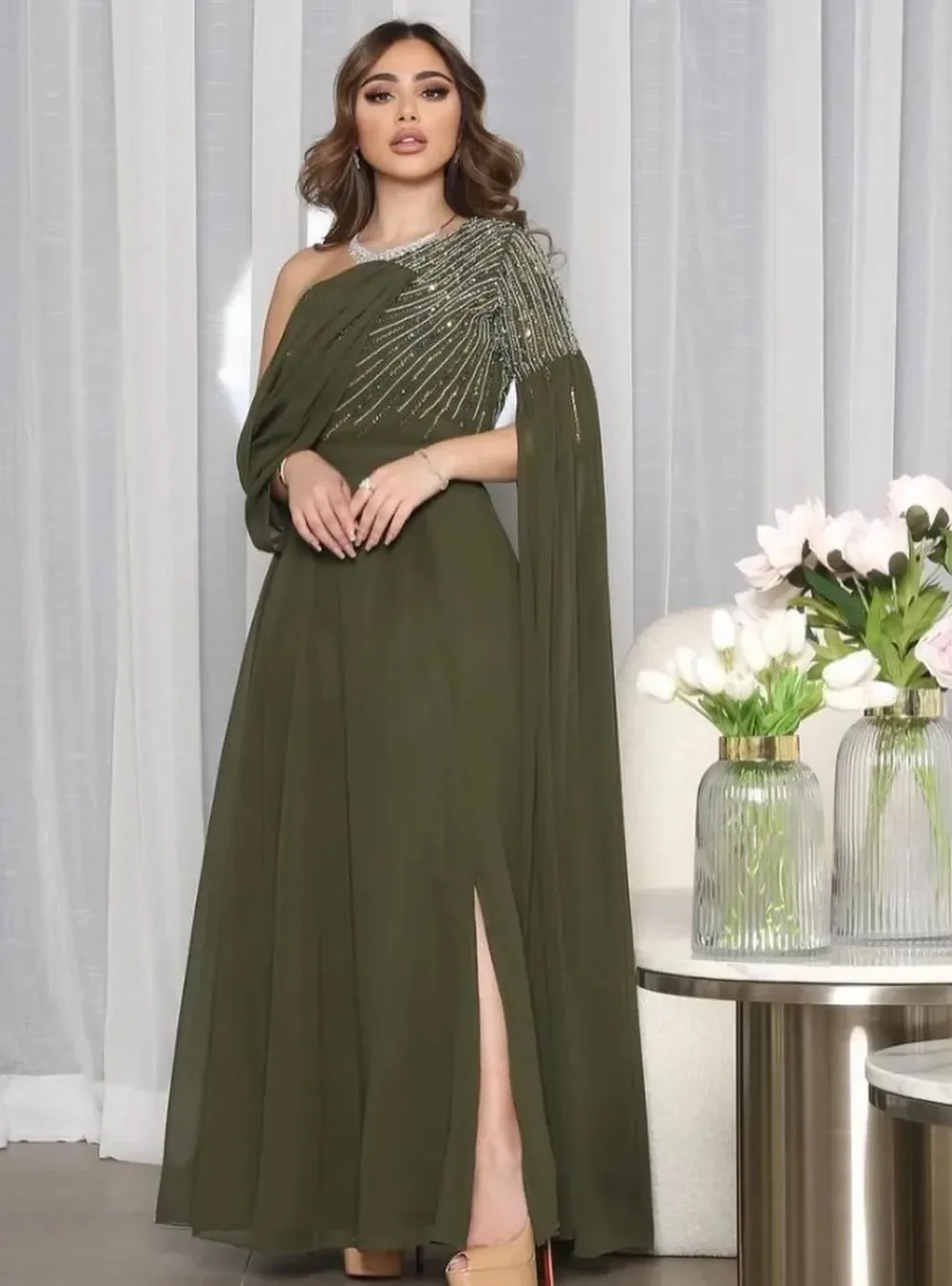 

Exquisite One-shoulder A-line Prom Dresses Sequin Beading Chiffon Single Sleeve Floor Length Formal Evening Gown