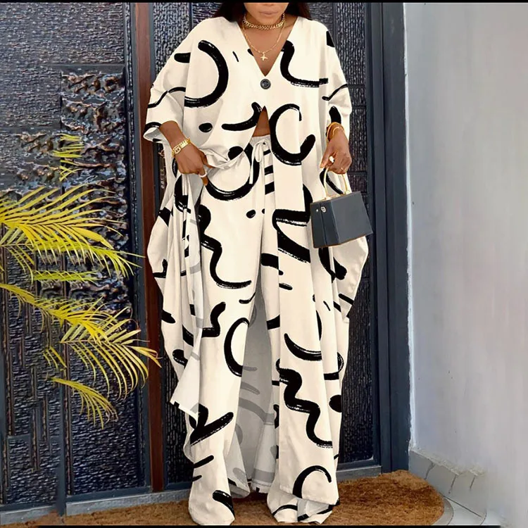 

2PCS Long Blouse Smock And Trousers Suits Ladies Spring/Summer New Letter Printing V-Neck Long Sleeve Top Set For Women Oufits