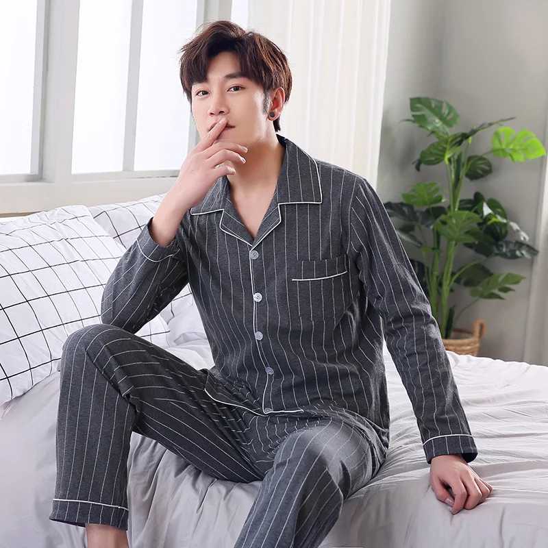 Spring Autumn Men's Pajamas Knitted Cotton Long Sleeve Cardigan Oversized Casual Printed Home Clothing Set Elegant Sleepwear