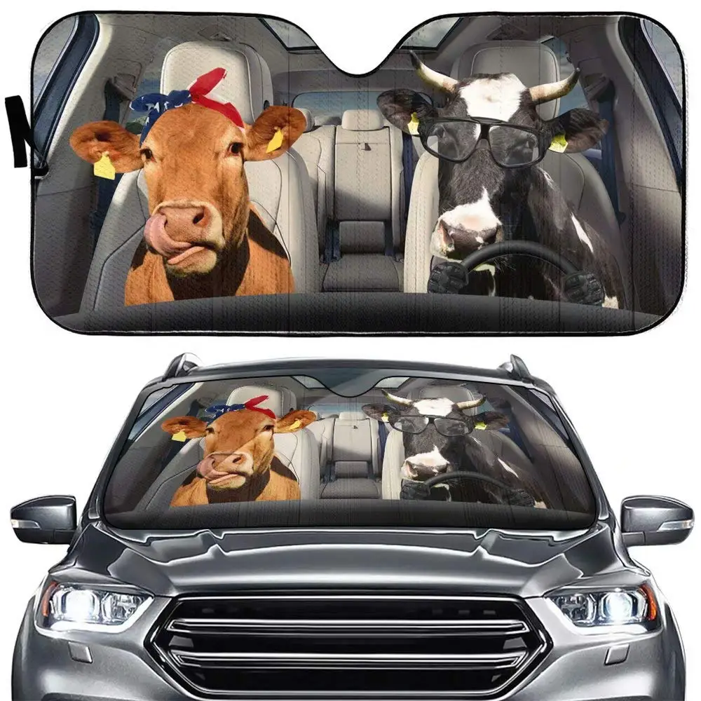 

Funny Cow Driver Auto Windshield Sunshade Blocks Farm Pet Sunshield for Windshield Couple Animal Sun Shade Protector Cover
