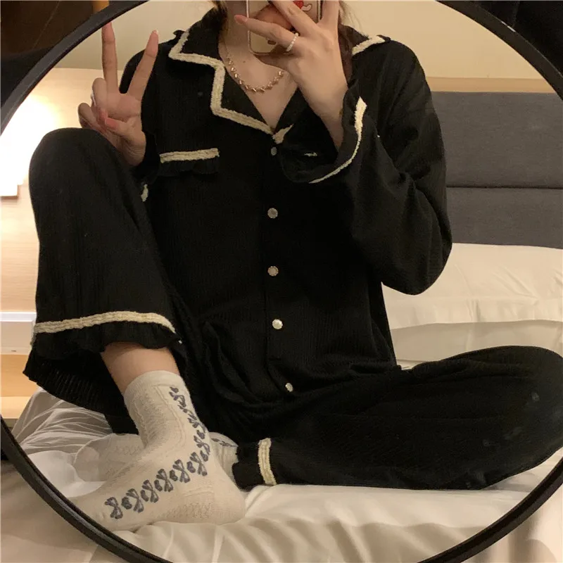 Black Phnom Penh new autumn and winter long-sleeved cardigan button pajamas women's simple casual solid color home service