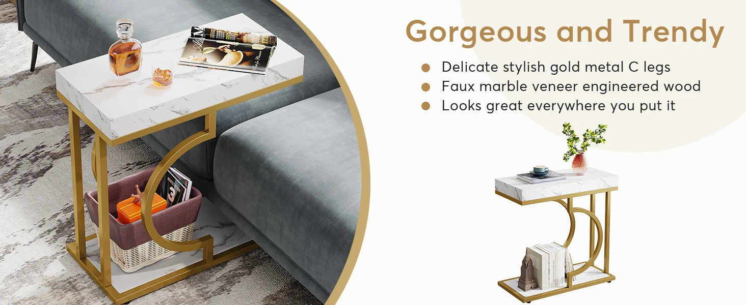 Narrow Side Table White Gold Side Table C Shaped End Table
