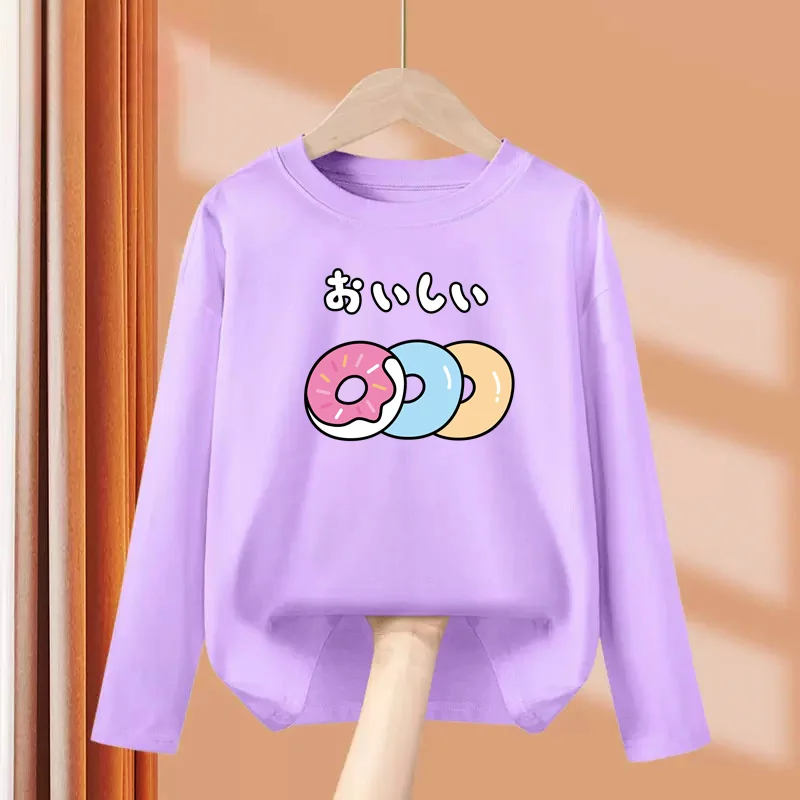 Little Girl Lollipop T-shirt Autumn Long Sleeved Tops Candy Cartoon Clothes Casual Round Neck Cotton Tees 3-14Y 3