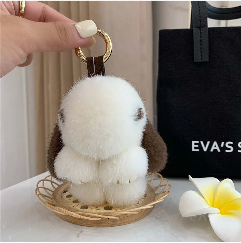 Cute Long Ear Bunny Keychain Real Mink Fur Rabbit Doll Pendant Toys Keyring Handbag Charm Ornament Pompom Plush Jewelry Gifts